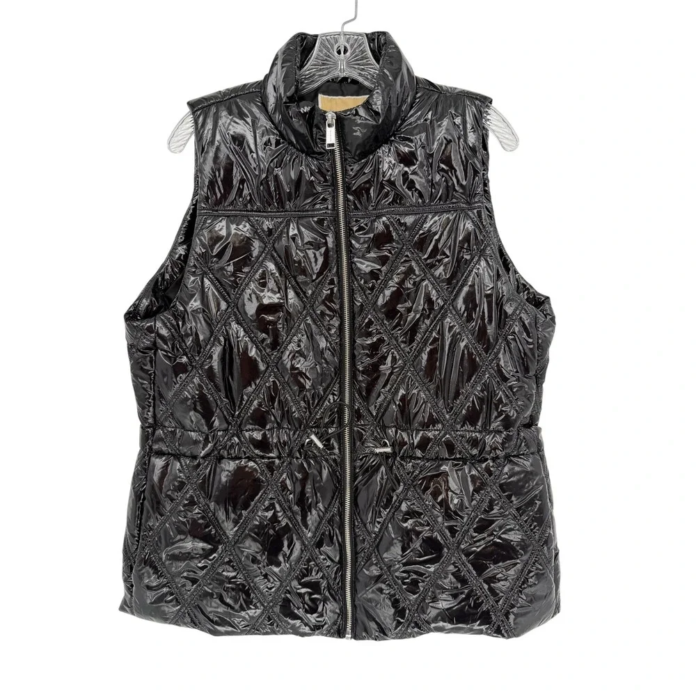 Michael Kors Quilted Puffer Vest Women Large Black Shiny Streetwear Luxe Winter